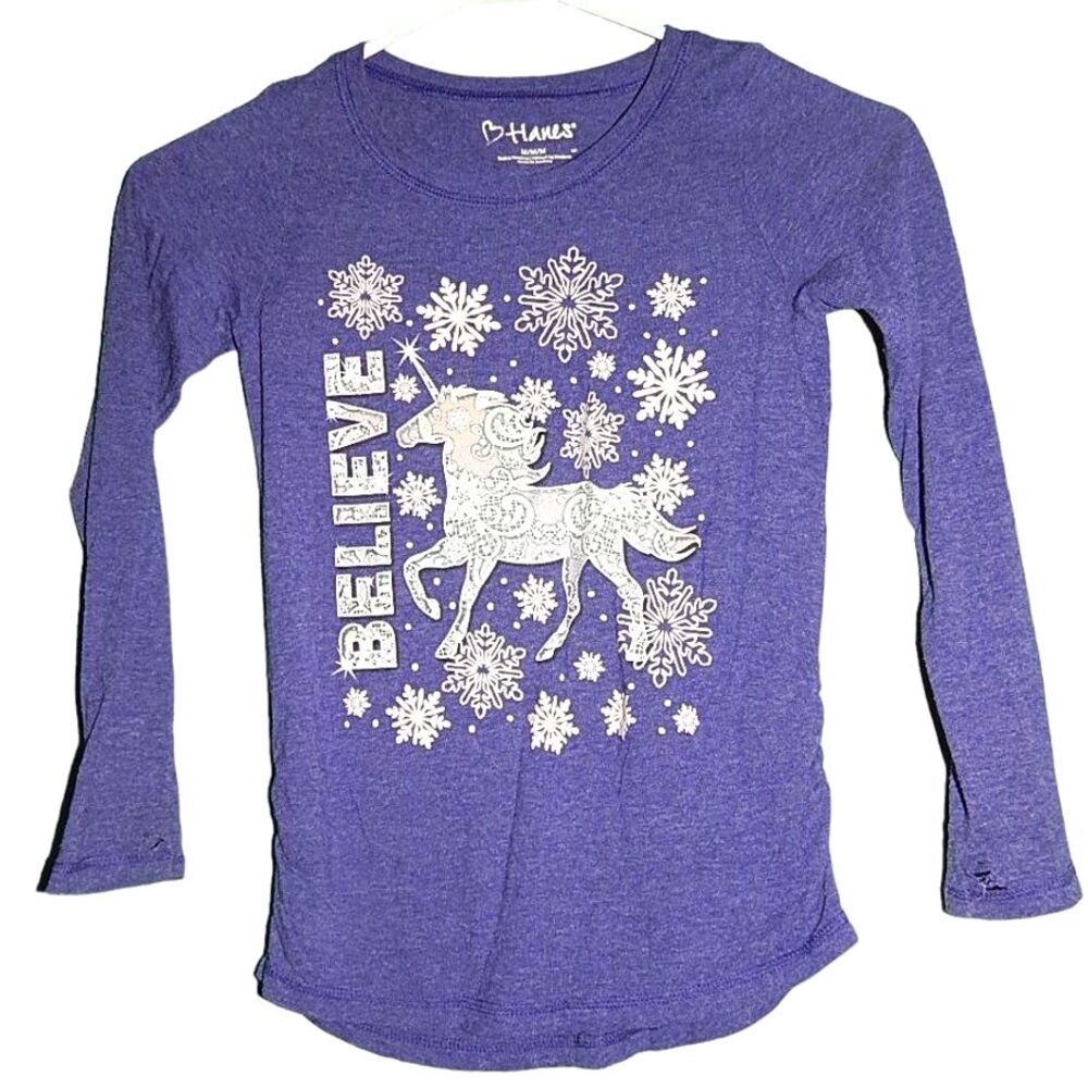 Hanes girls medium purple believe unicorn snowflake long sleeve graphic shirt